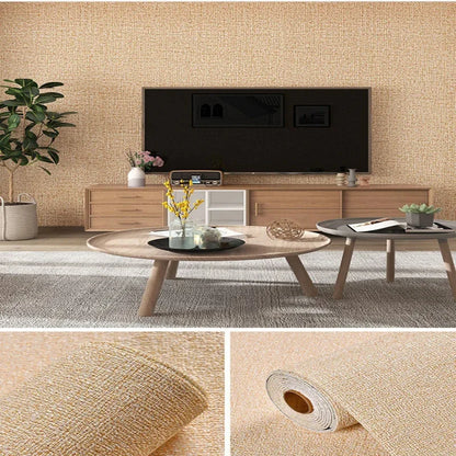 Muur bekleed met kakigele linnenlook, met de rol en een close-up van de weving