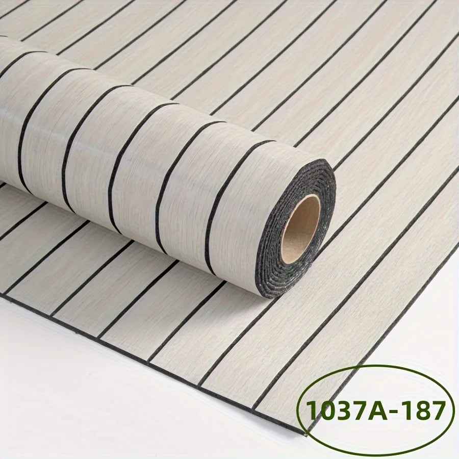 Roll of self-adhesive wall panel in light grey cream with black stripes, model S-1037A-187