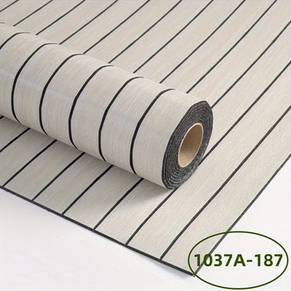 Roll of self-adhesive wall panel in light grey cream with black stripes, model S-1037A-187