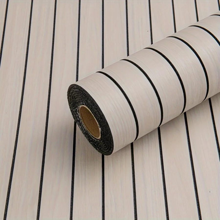 Roll of self-adhesive wall panel in light beige with black stripes, model S-1058A-179