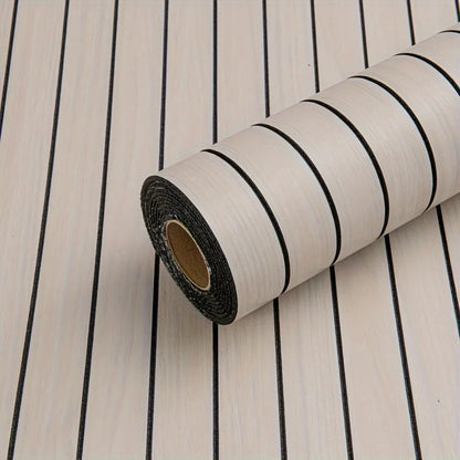 Roll of self-adhesive wall panel in light beige with black stripes, model S-1058A-179