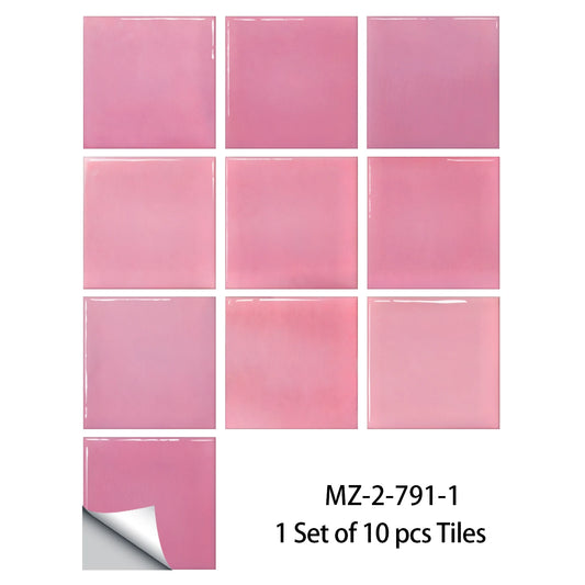 Ten pink gradient square tile stickers, Model 1, on a white background