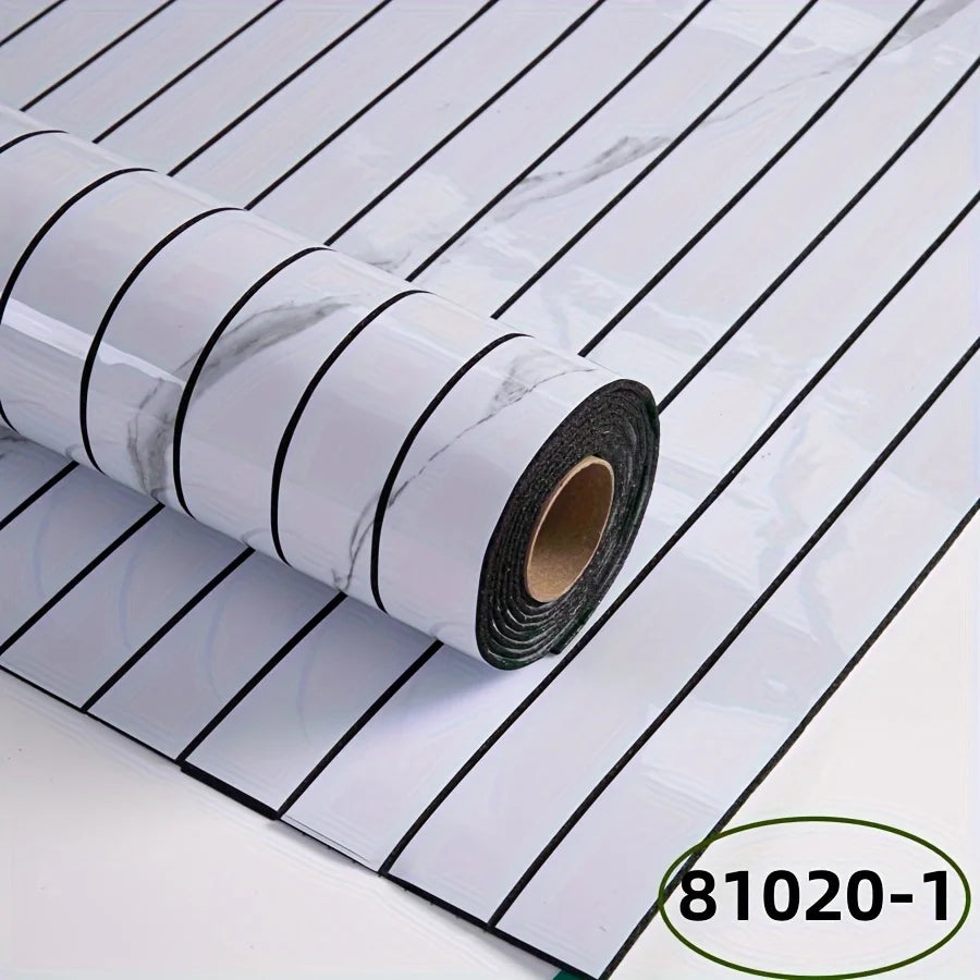 Roll of self-adhesive wall panel in white marble effect with black stripes, model S-81020-1