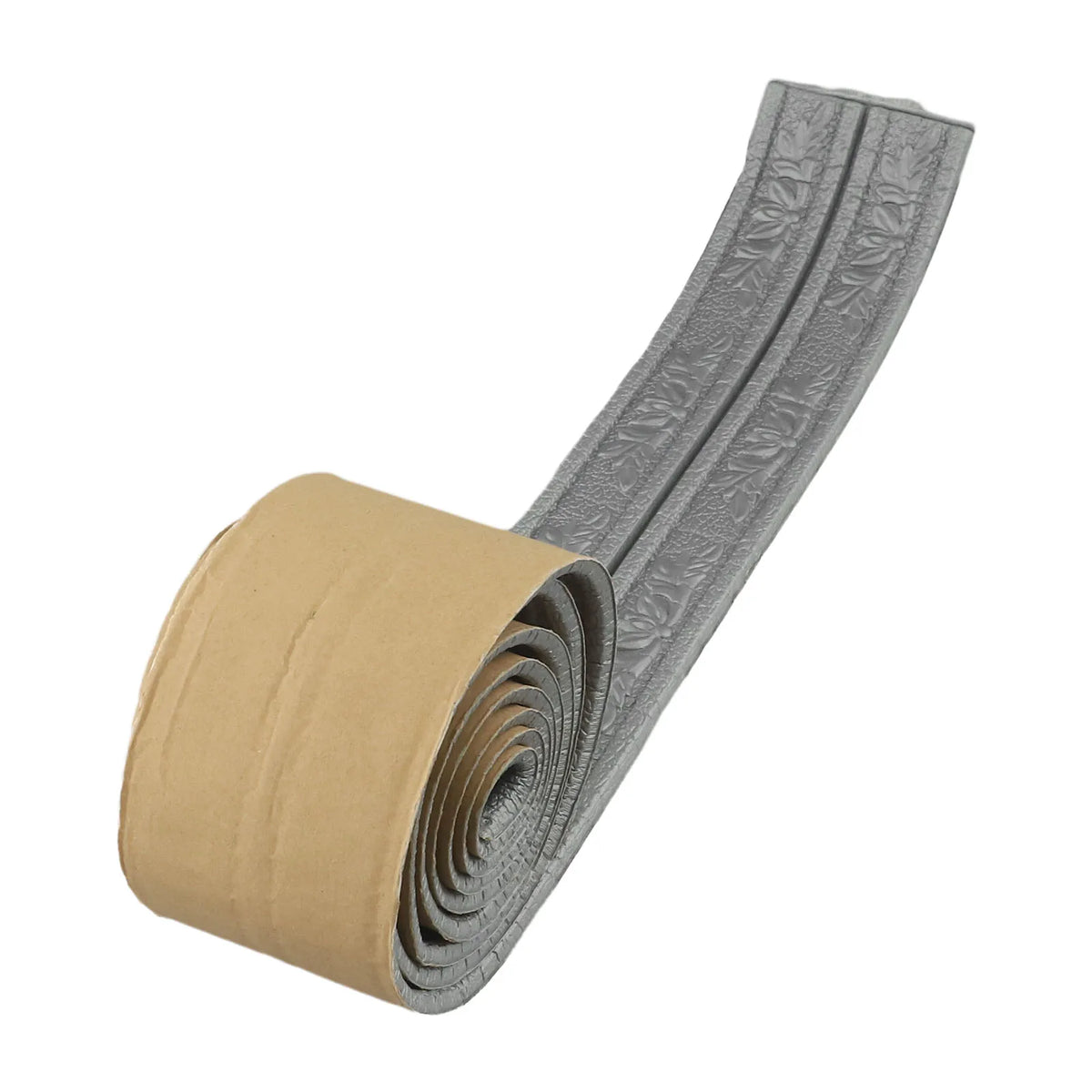 Rolle einer grauen selbstklebenden Zierleiste mit beiger Klebefläche und Blumenrelief