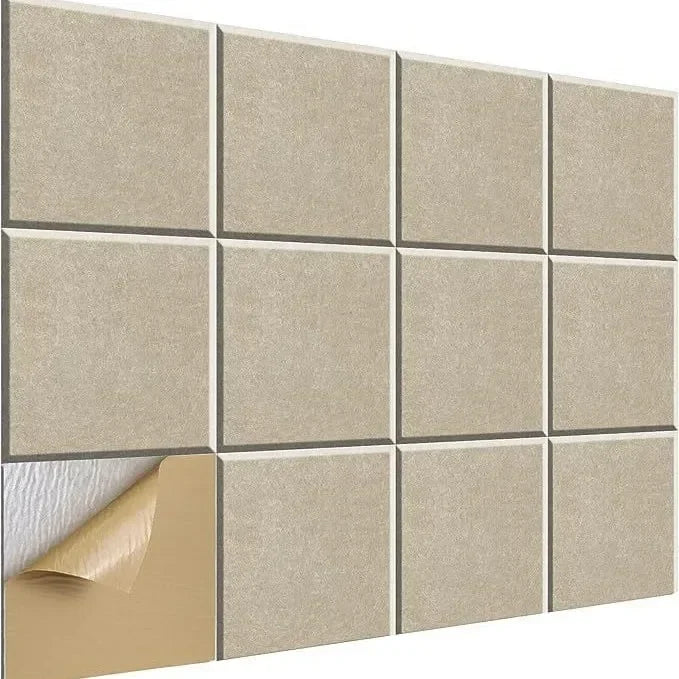 Wall of twelve square light camel panels, with the adhesive film peeled off one panel
