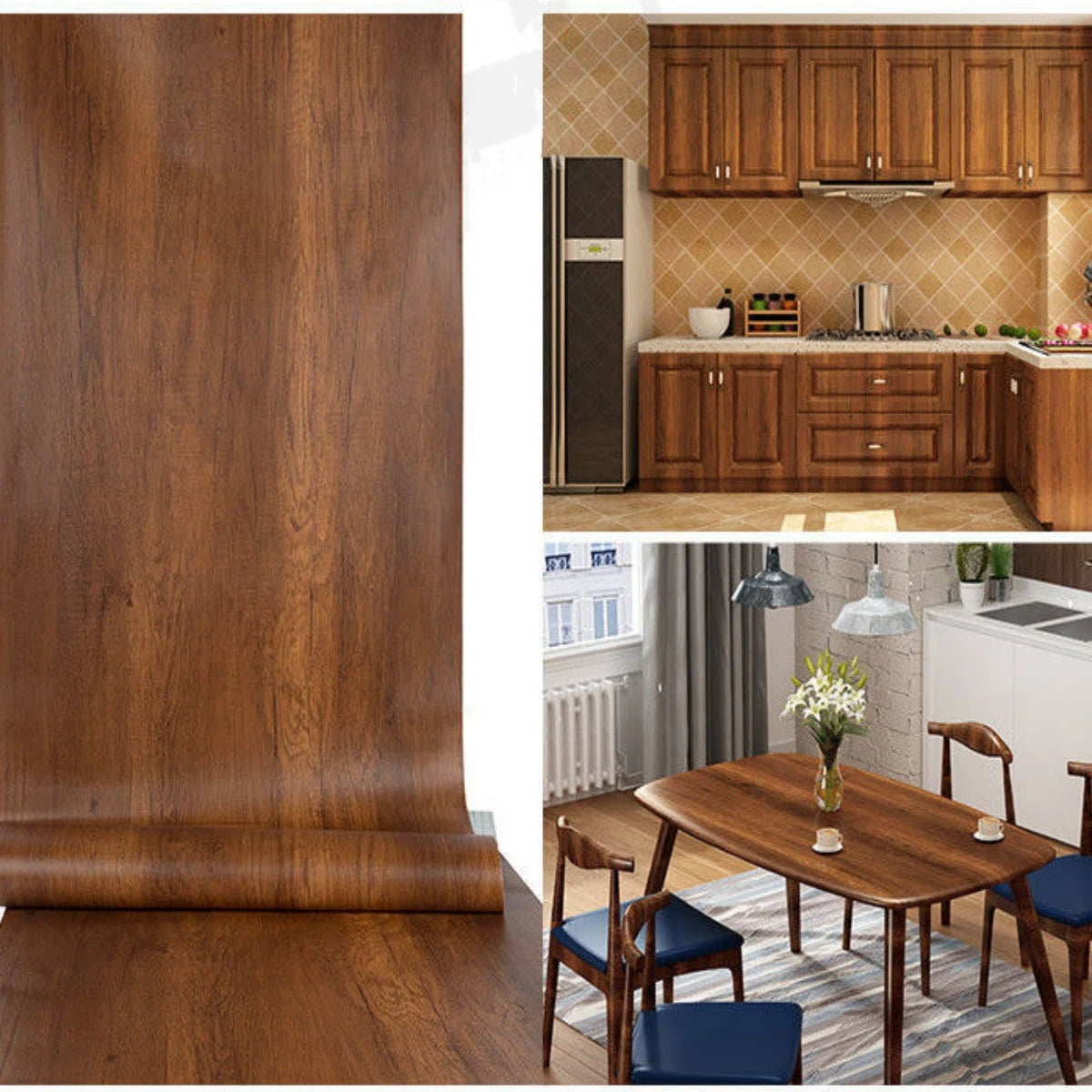 Strip of brown wood effect vinyl wrap unrolled, with kitchen and table examples