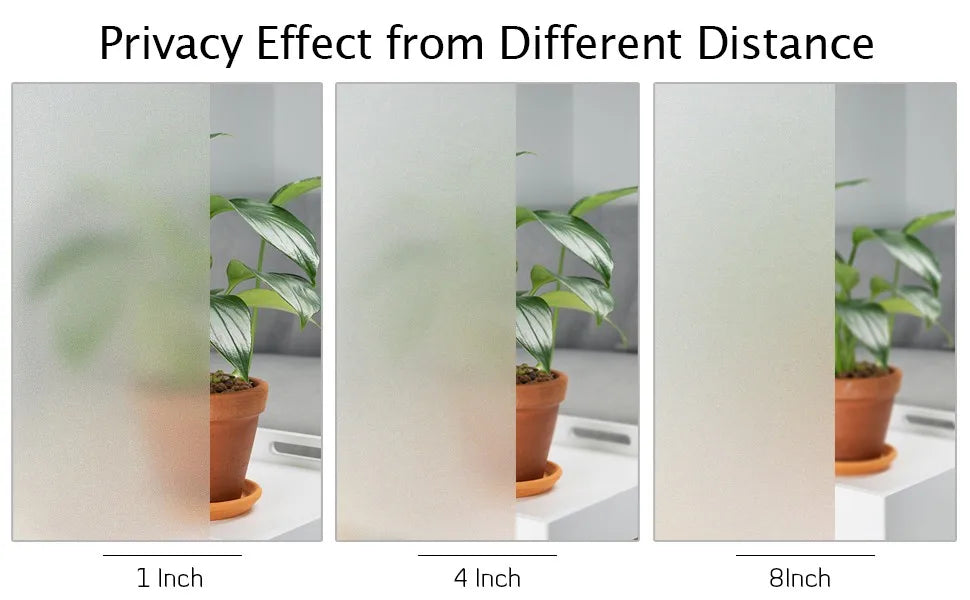 Een plant achter glas met matglaslook, op 2,5, 10 en 20 centimeter van de folie