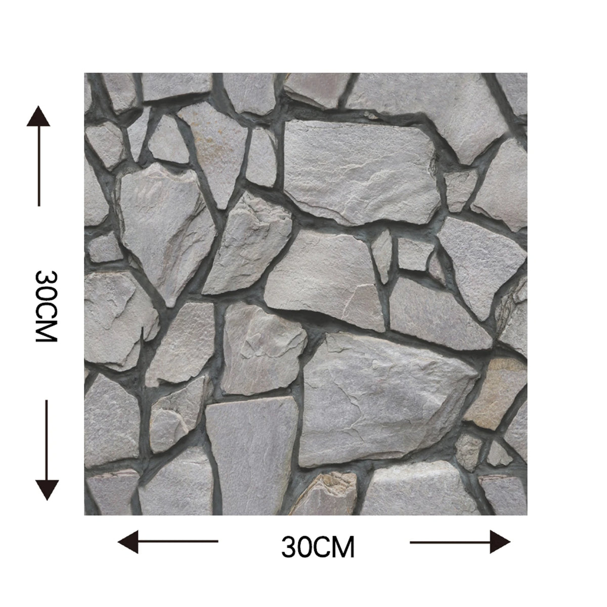 Itseliimautuva 3D-paneeli, epäsäännöllinen harmaa kivikuvio, 30 cm:n neliö, valkoisella taustalla
