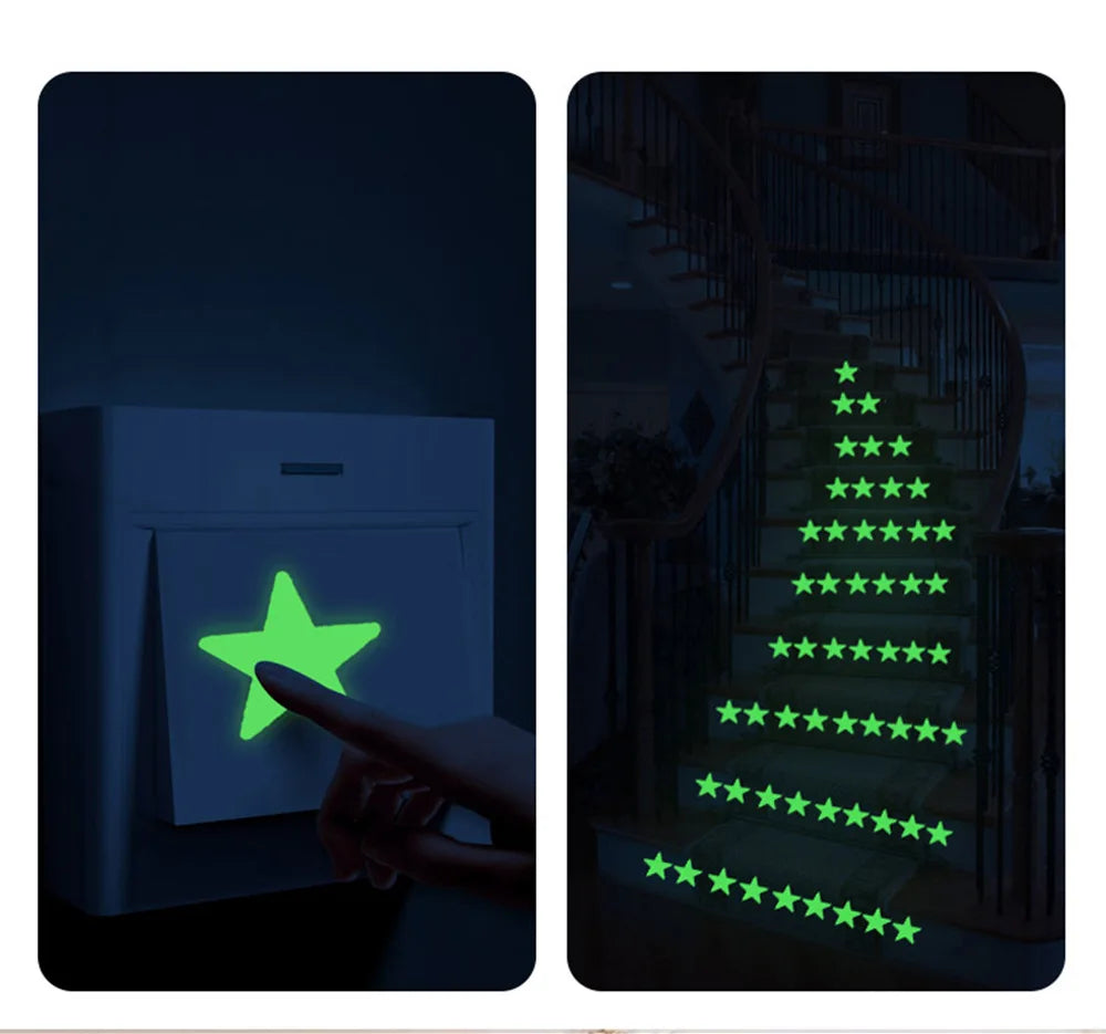 A finger touching a glow in the dark star on a light switch plate, with stars in a row along a staircase