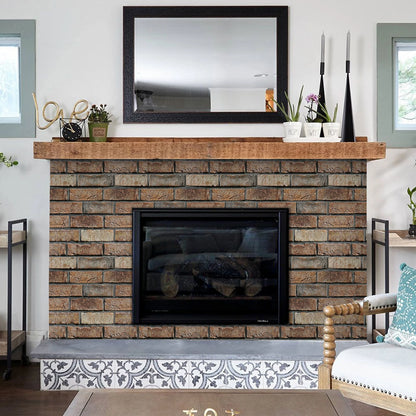 Fireplace covered with brown brick effect self-adhesive panels
