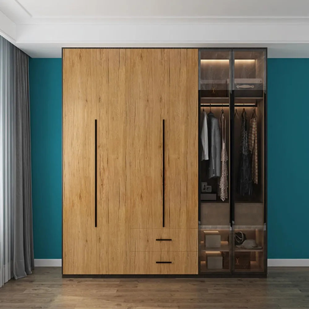 Wardrobe covered with golden wood effect vinyl wrap in front of a pale aqua wall