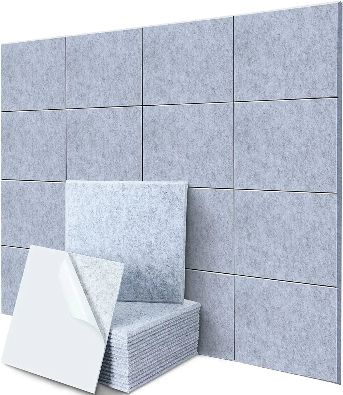 Bluish-grey square panels fitted to a wall, with a stack of panels in the foreground