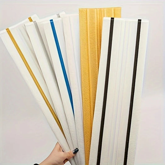 Five white self-adhesive decorative strips with coloured stripes on a light background