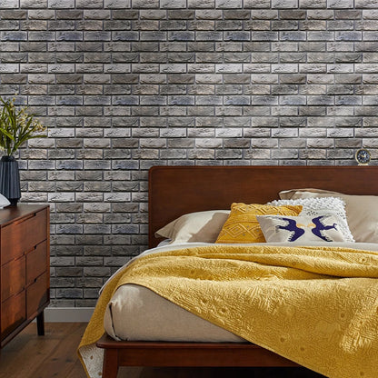 Bedroom with a wall of blue-grey brick effect self-adhesive panels
