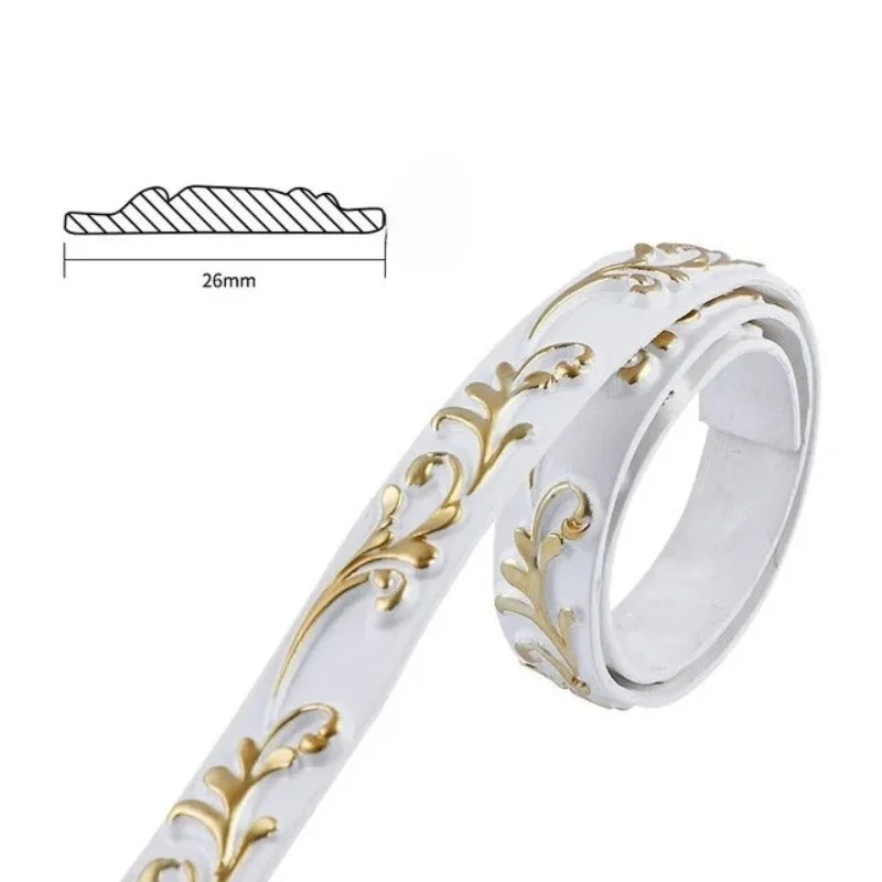 White decorative moulding with gold floral relief, 26 mm wide