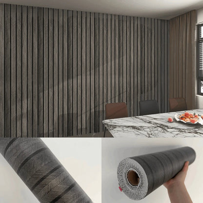 Anthracite wood effect wall in a dining room, close-up of the pattern and an open roll