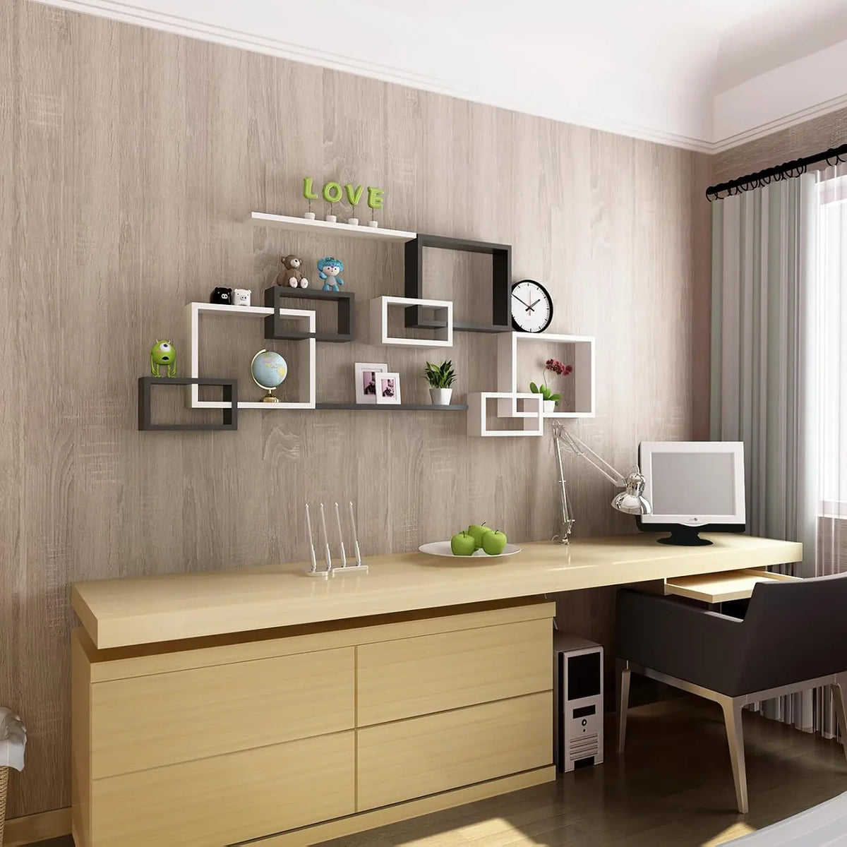 Office wall covered in wood effect adhesive vinyl, with desk and shelves