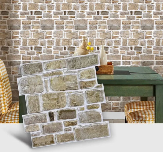 Retro stone effect sheet with cut edges in front of a wall already covered