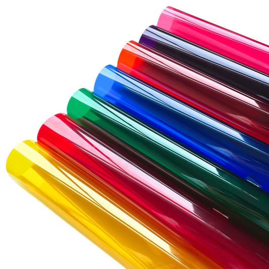 Vellen gekleurde raamfolie voor glas in 7 kleuren: rood, oranje, geel, groen, blauw, paars en roze