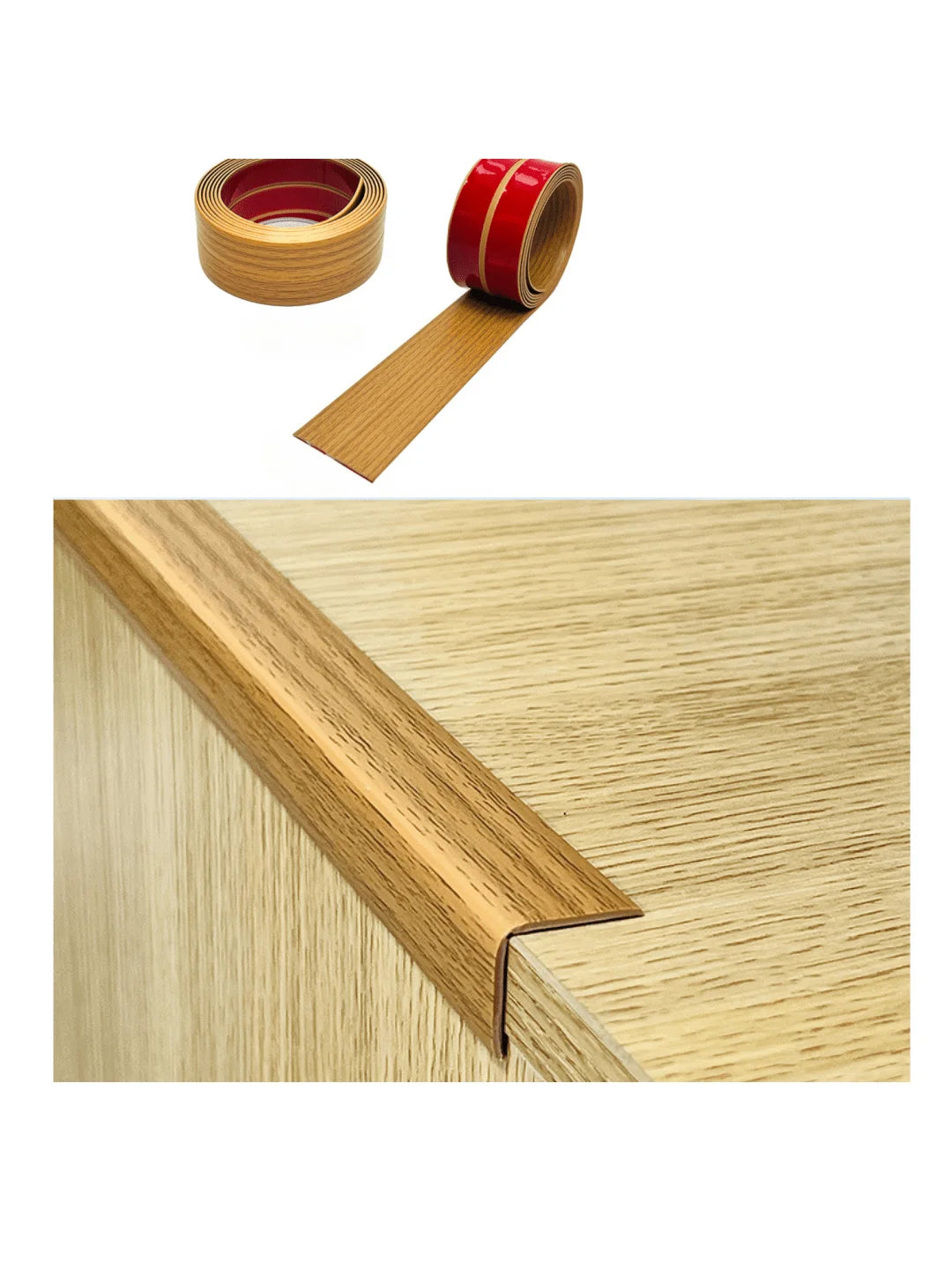 Rollen selbstklebender Zierleiste in Holzoptik und eine Holzecke, abgedeckt mit der zu einem L gefalteten Leiste