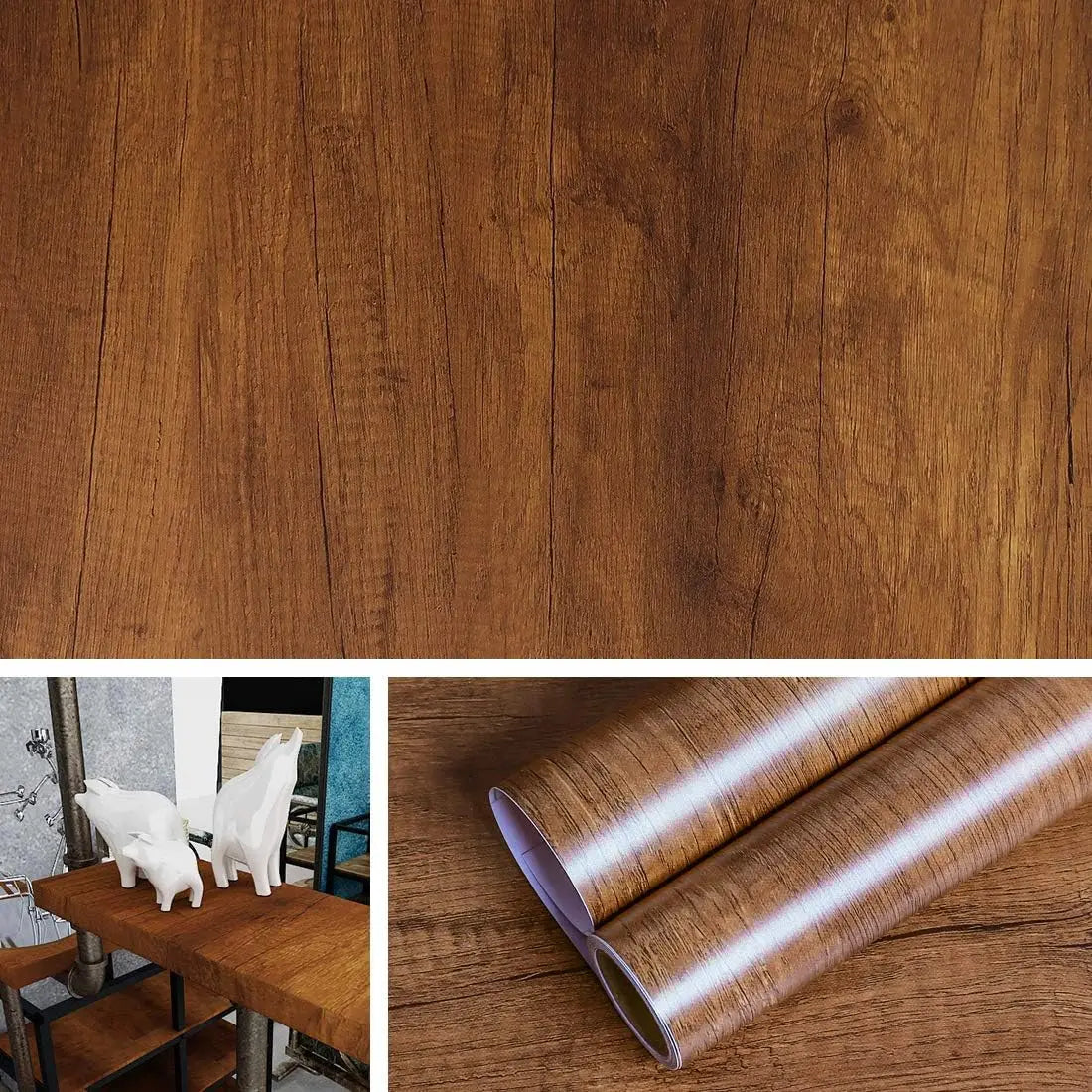 Sample and rolls of reddish brown wood effect vinyl wrap, Model 9
