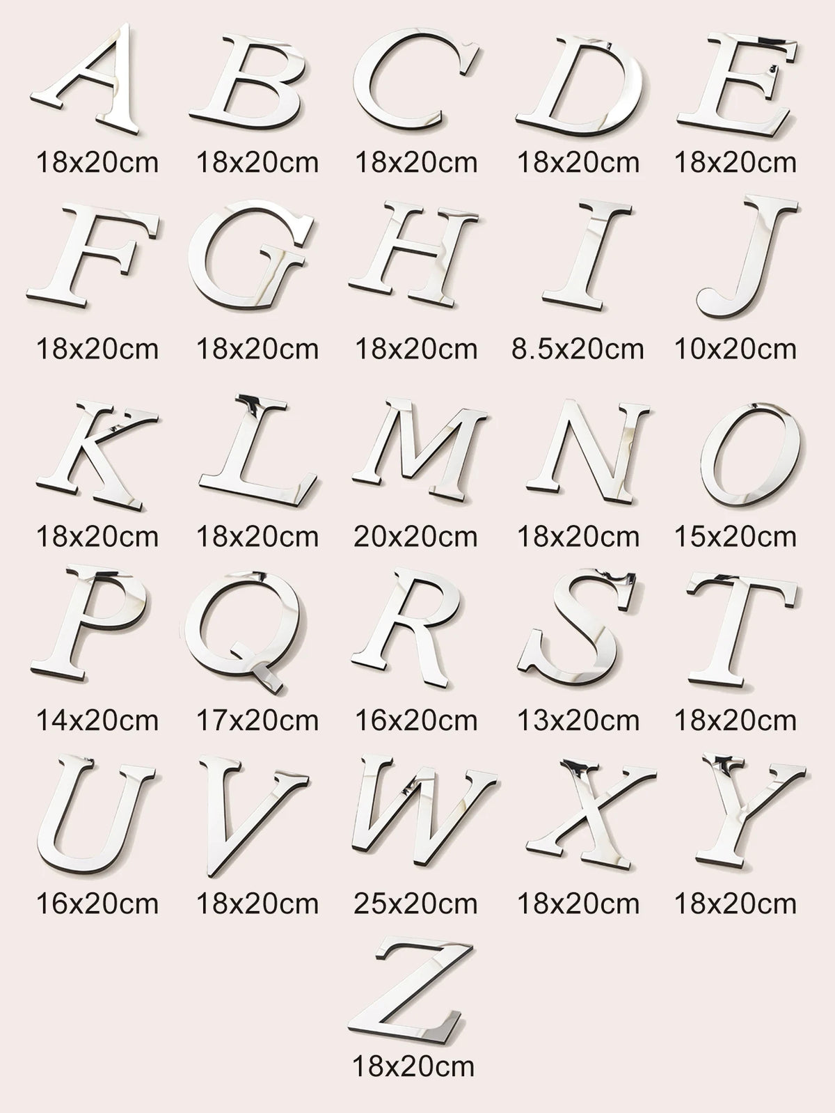 Alphabet of silver mirror letters showing the width of each letter, height 20 cm