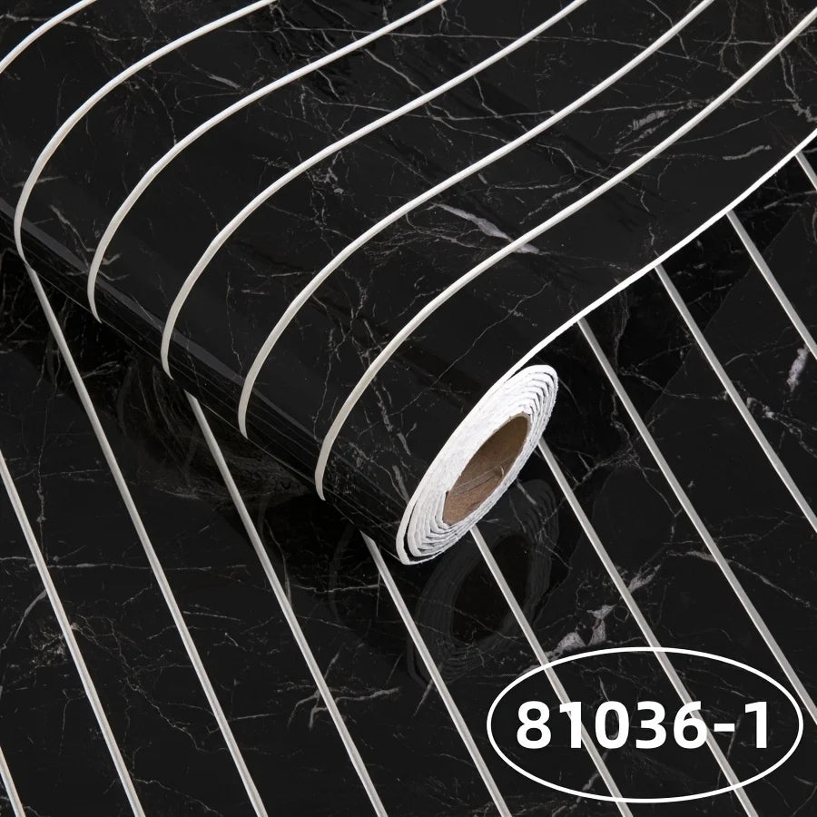 Roll of self-adhesive wall panel in black marble effect with white stripes, model S-81036-1