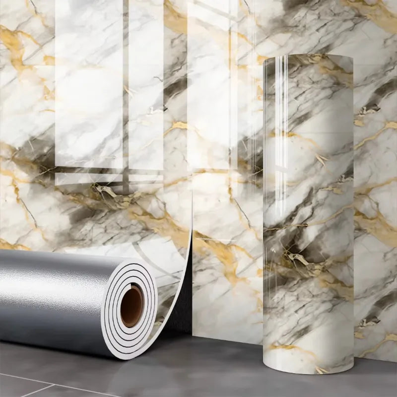 Golden marble effect panel with wide smoky grey and golden veins, in a roll