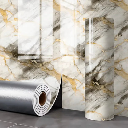 Golden marble effect panel with wide smoky grey and golden veins, in a roll