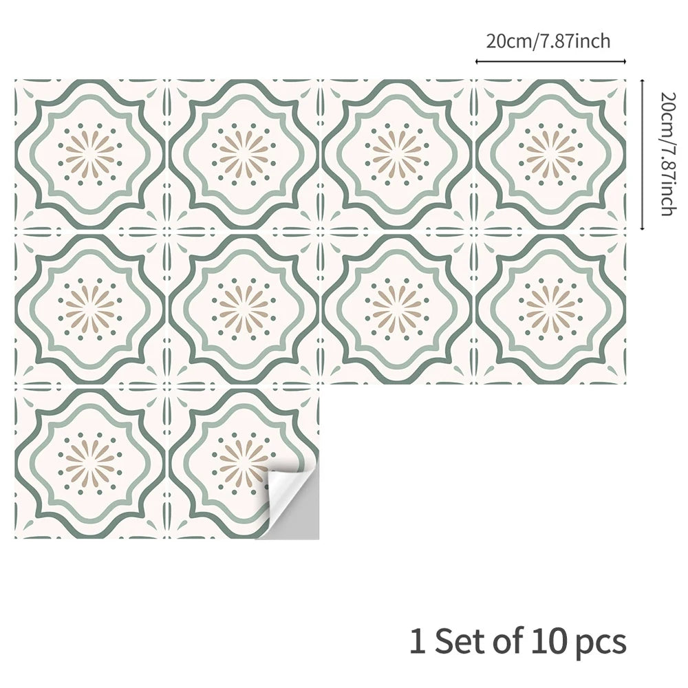 Zehn Fliesenaufkleber 20 × 20 cm mit grün-cremefarbenem Blumenmotiv auf weißem Hintergrund