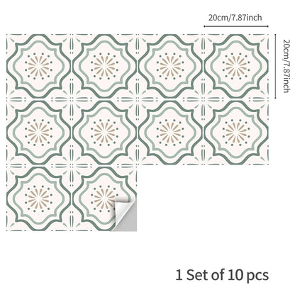 Zehn Fliesenaufkleber 20 × 20 cm mit grün-cremefarbenem Blumenmotiv auf weißem Hintergrund