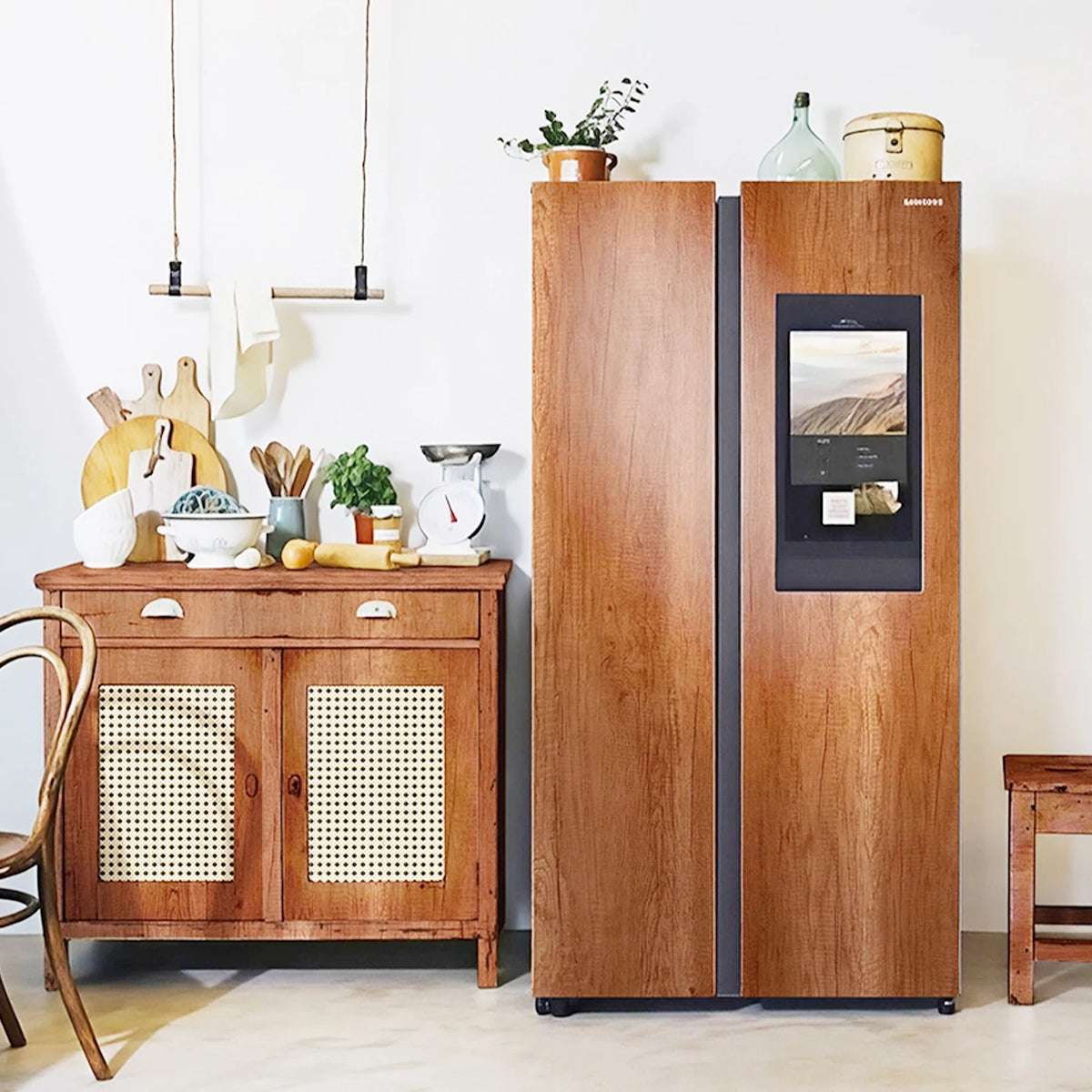 Sideboard and fridge covered in wood effect self-adhesive vinyl