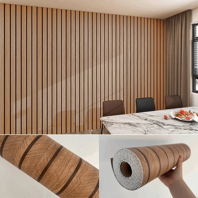 Dining room with a walnut tone wood effect wall, close-up of the grain and a roll with a grey back