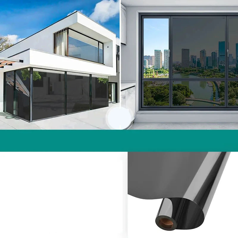 Rol zwarte spiegelfolie, Model G, met een huis met donkere beglazing