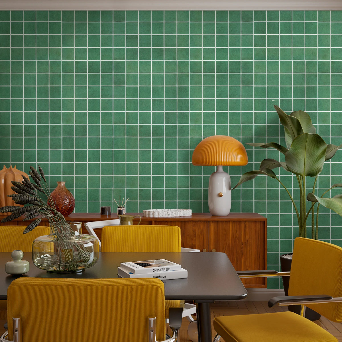 Dining room with a wall covered in green square panels
