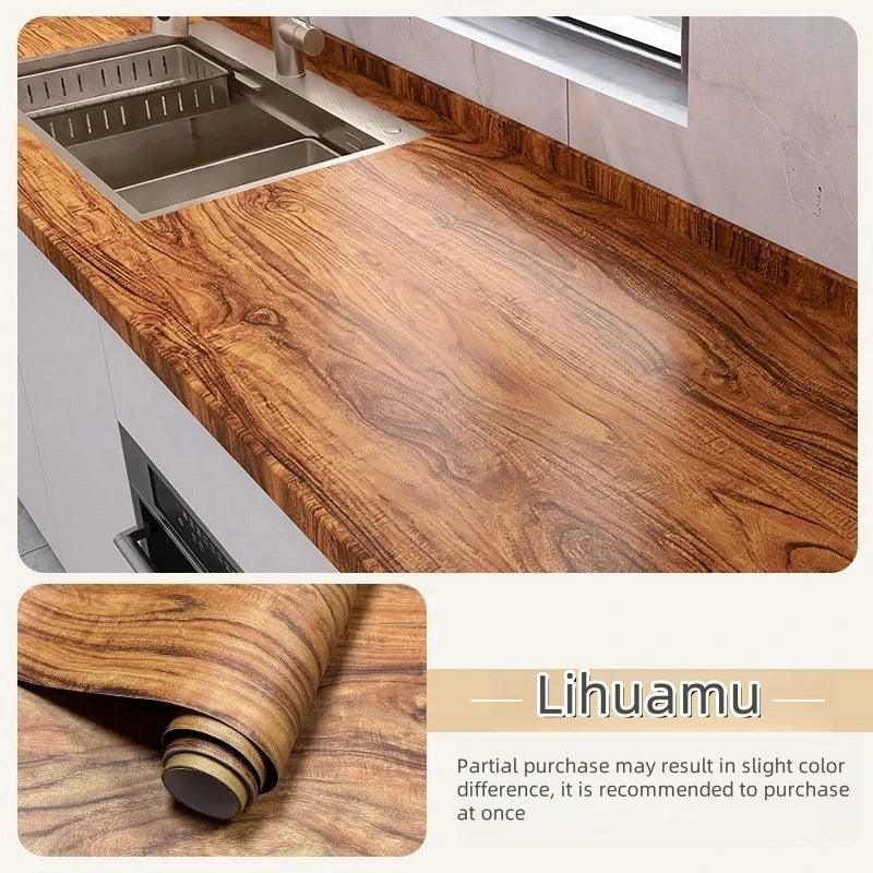 Worktop with sink covered in orange-brown wood effect vinyl and roll (Model 4)