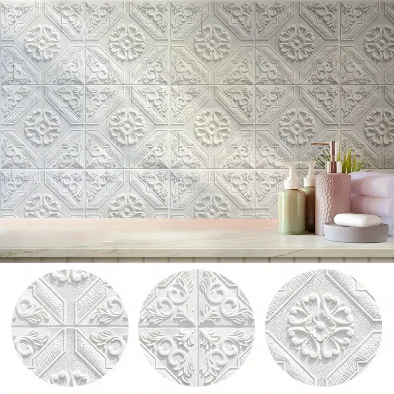 Bathroom wall covered with white ceiling rose panels and three details of the relief
