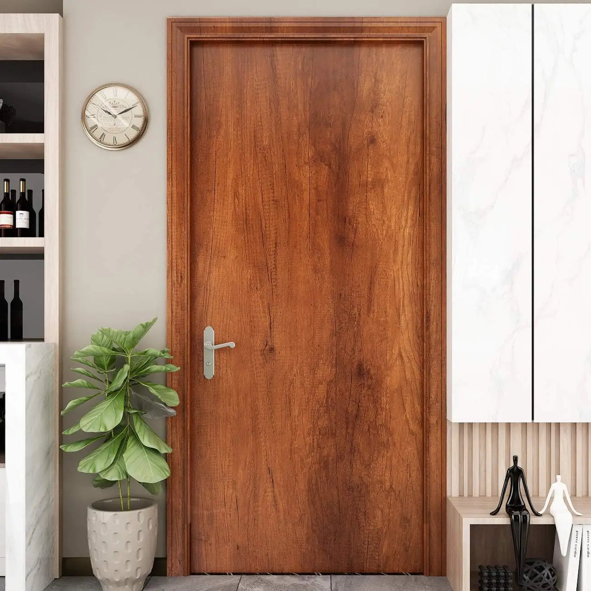 Brown wood effect door in a hallway, next to a plant