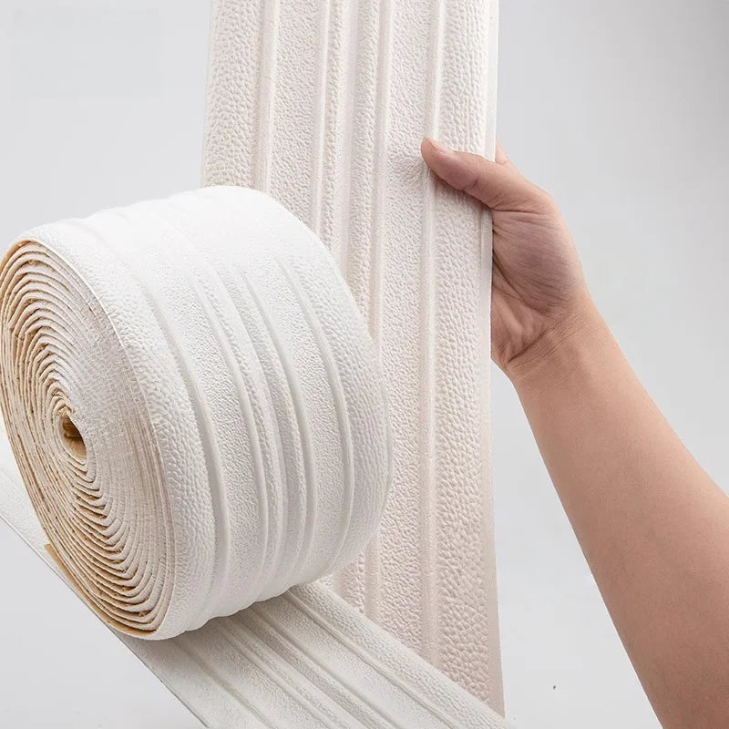 Roll of white embossed self-adhesive strip held in one hand