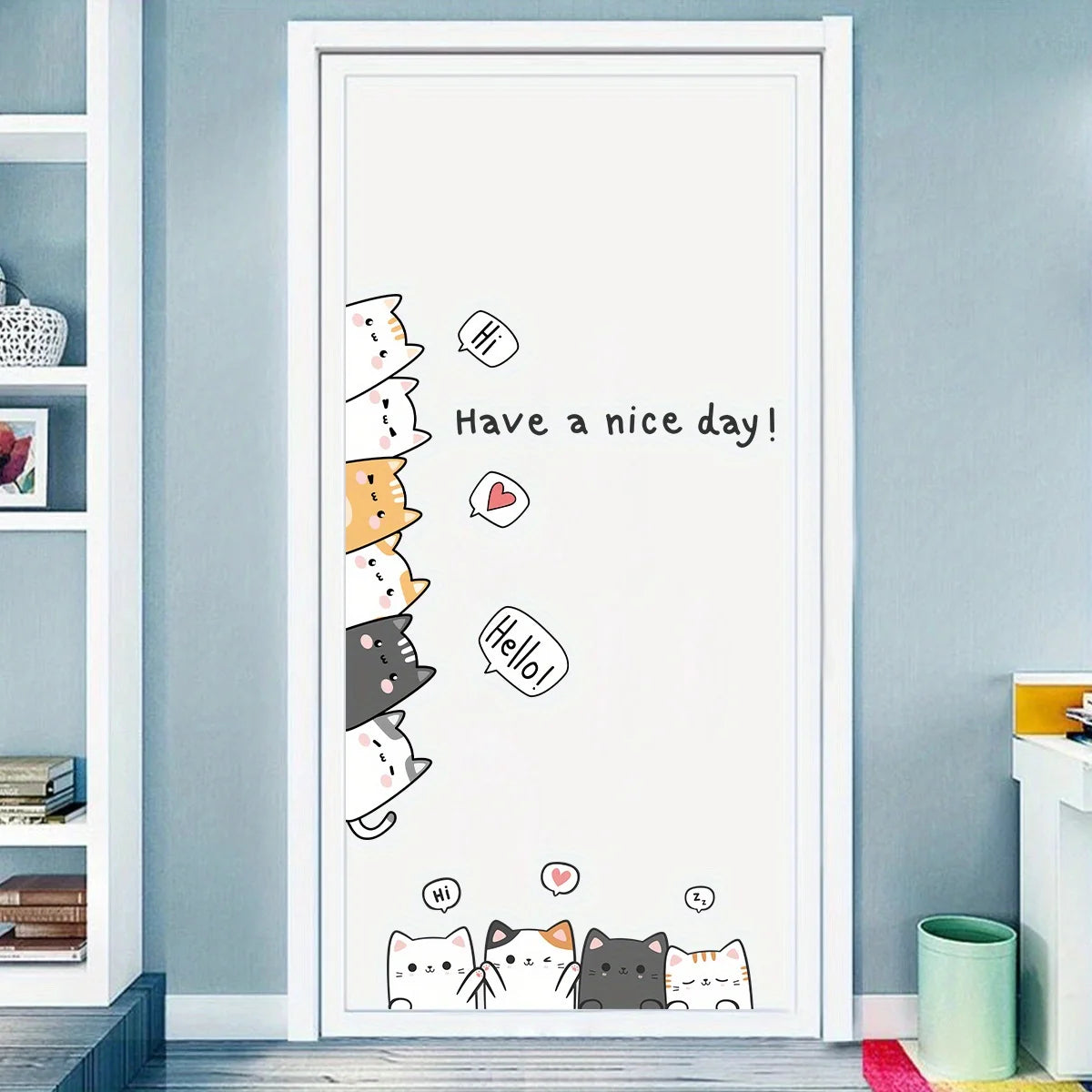 Cartoon cat stickers on a white door in a nursery