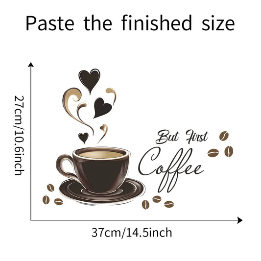 Seinätarra, jossa kahvikuppi, sydämiä, papuja ja teksti ”But First Coffee”