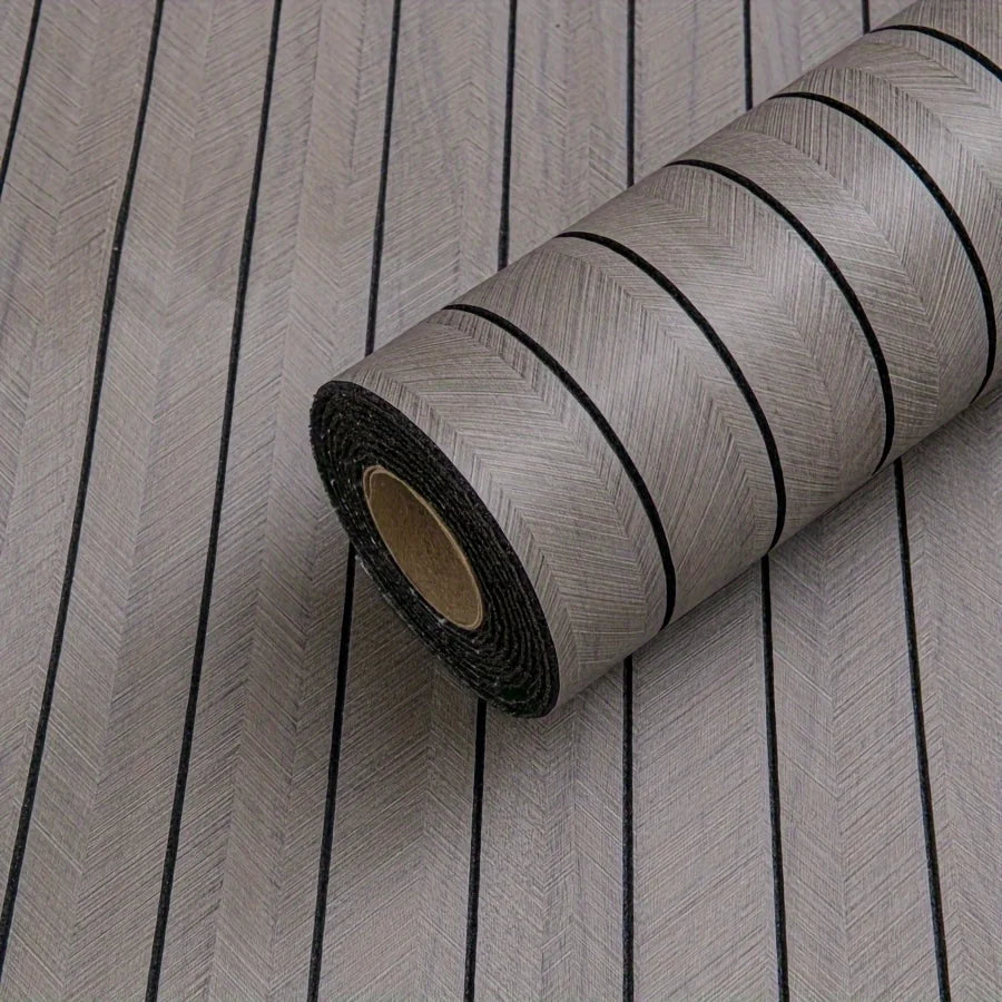 Roll of self-adhesive wall panel in dark grey taupe with black stripes, model S-9-3