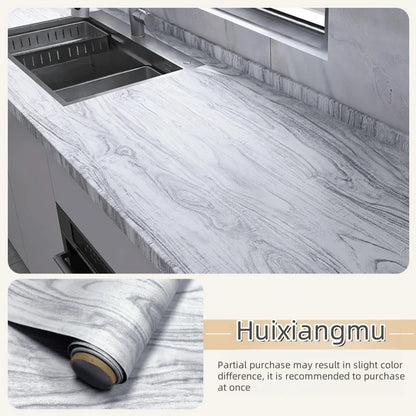 Worktop with sink covered in greyish white vinyl with strong grain and roll (Model 3)