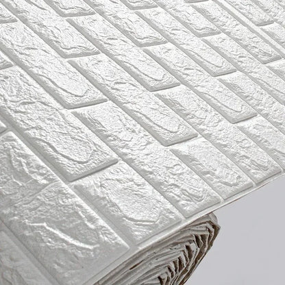 Close-up of raised white bricks on a roll of self-adhesive foam wallpaper