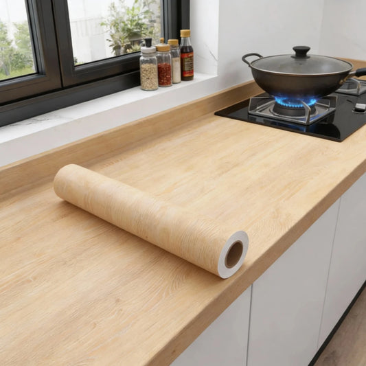 Roll of yellow oak effect adhesive vinyl resting on a kitchen worktop