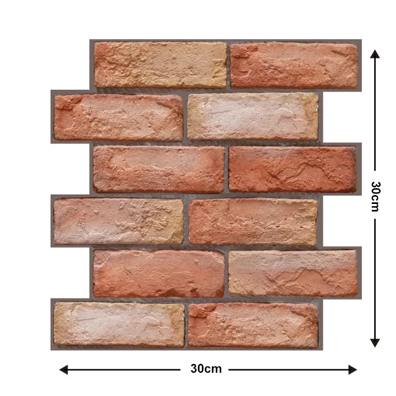 3D self-adhesive brick effect panel in red on a white background, 30 × 30 cm