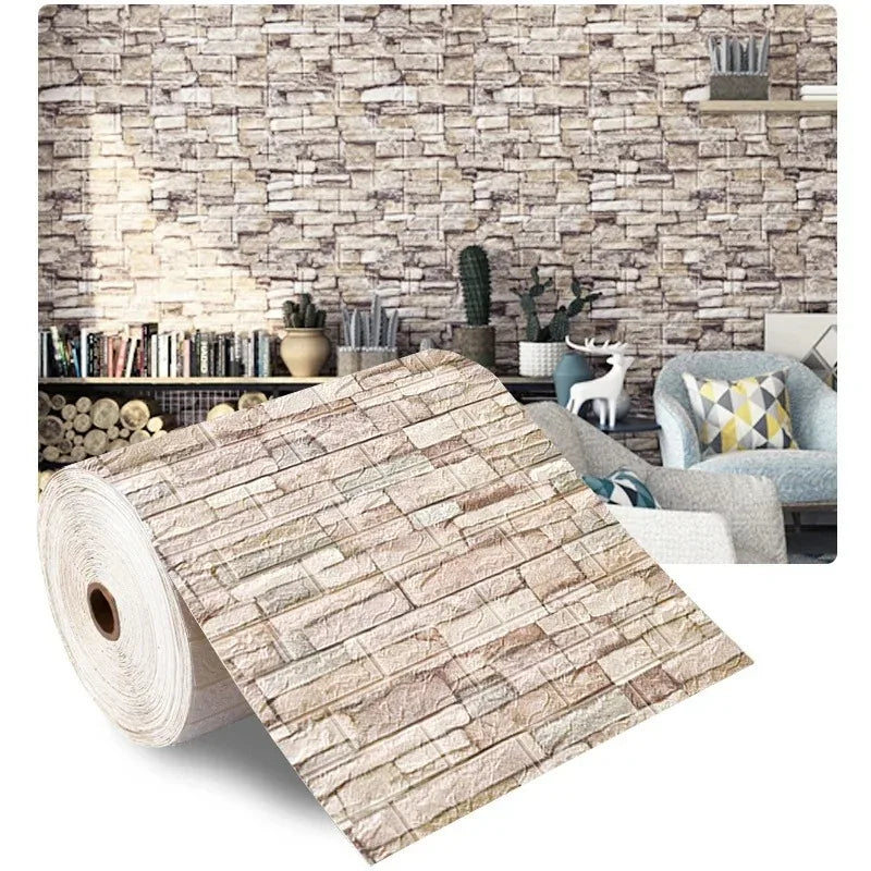 Roll of beige self-adhesive wallpaper with slab stone effect, Model E