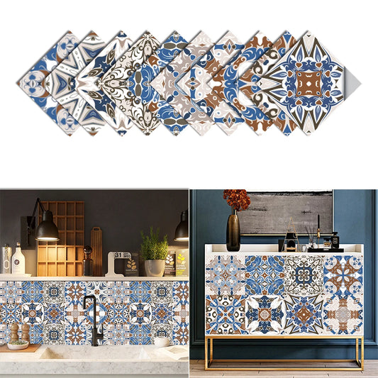 Fan of ten blue and brown tile stickers, with a decorated kitchen and cabinet