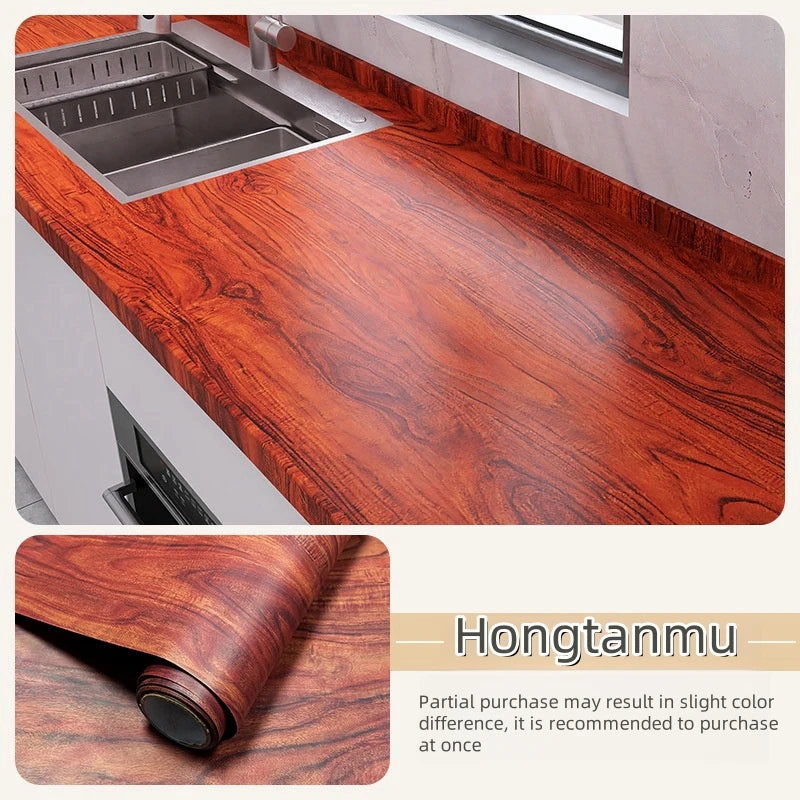 Worktop with sink covered in reddish brown wood effect vinyl and roll (Model 1)