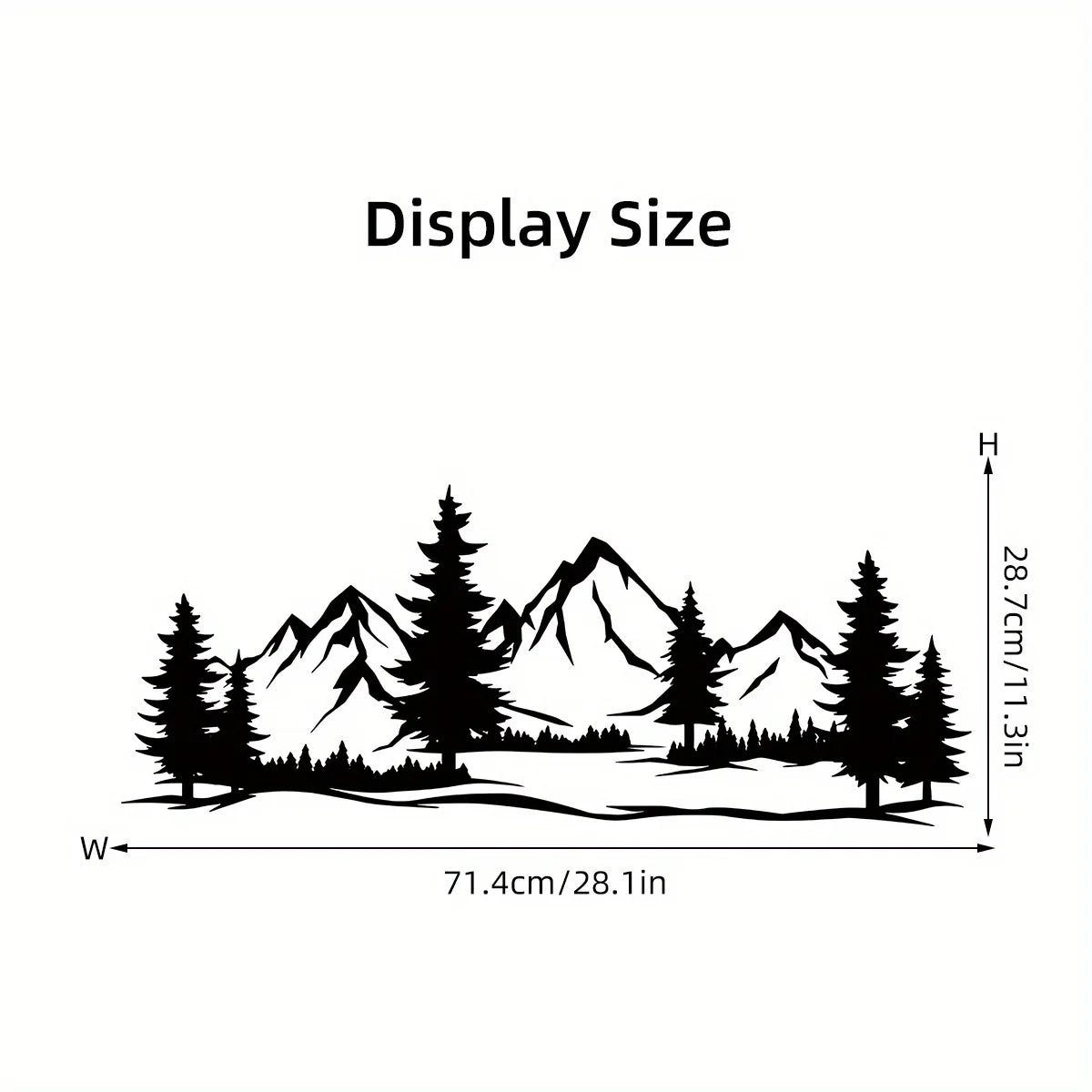 Black silhouette of mountains and pines on a white background, about 71 cm wide and 29 cm high